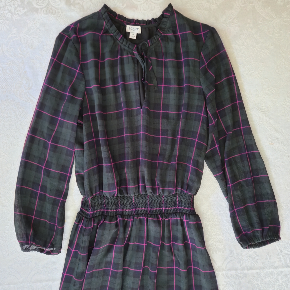 J. Crew Dark Green and Pink Plaid Dress Dark Academia Preppy Size S